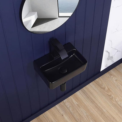 Small Wall Mount Bathroom Vessel Sink Matte Black 14"x10" Rectangular Floating Porcelain Ceramic Black Wall Hung Vanity Basin Sink for Tiny Home,RV,Bathroom