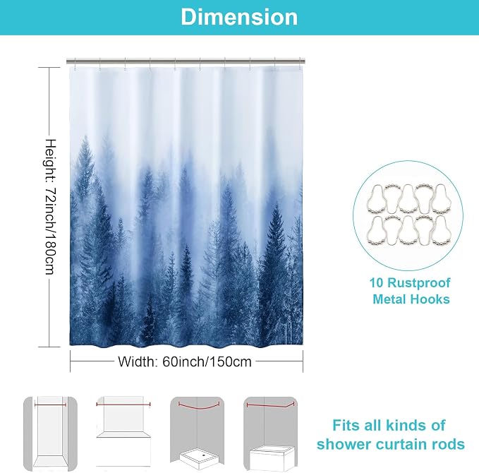 ORTIGIA 60x72 Misty Forest Stall Shower Curtain for Small Bathroom, Blue Narrow Nature Woodland Shower Curtain Set with Hooks, Waterproof Fabric Pine Tree Fog Magic Home Bath Curtain