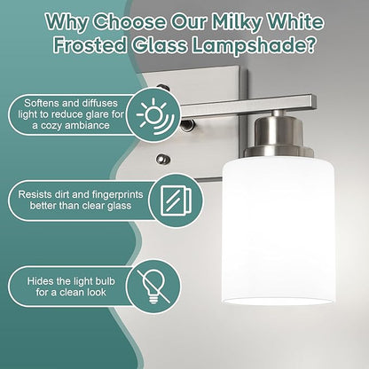 Ascher Bathroom Light Fixtures, 2-Light Vanity Light Over Mirror, Brushed Nickel Wall Sconces with Milky White Frosted Glass Shades, Wall Lamp for Living Room Bedroom, E26 Base(Bulbs Not Included)