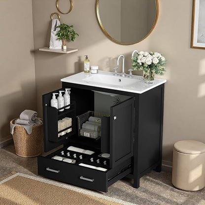 30" Freestanding Bathroom Vanity with Sink, Floor Stand Bathroom Storage Cabinet with Ceramic Sink, Doors with Double-Layered Storage Shelves, Modern Compact Vanity with Divided Drawer, Black