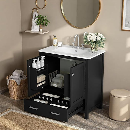 30" Freestanding Bathroom Vanity with Sink, Floor Stand Bathroom Storage Cabinet with Ceramic Sink, Doors with Double-Layered Storage Shelves, Modern Compact Vanity with Divided Drawer, Black