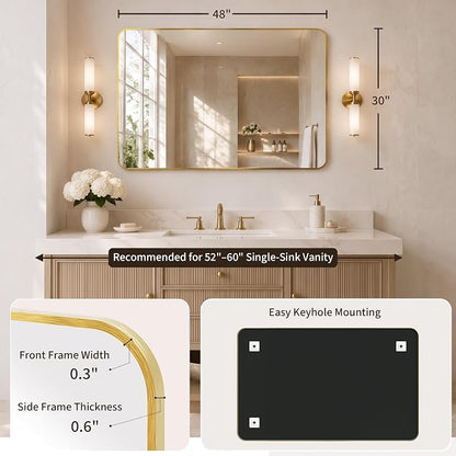 30x48 Inch Brushed Gold Rounded Rectangle Bathroom Vanity Mirror | For Over-Sink Bathrooms, Corrosion-Resistant Aluminum Frame, Slim Front Profile, Vertical or Horizontal Layout