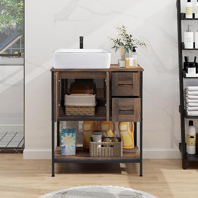 YOURLITE Bathroom Vanity, 30" Rustic Brown Bathroom Vanity with Sink Combo Set, Farmhouse Modern Wood Cabinet with White Ceramic Vessel Sink