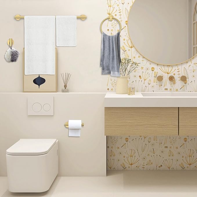 Brushed Gold Towel Bar Set 5 Pieces Round Bathroom Hardware Set Includes 23.6in Towel Bar Towel Ring Toilet Paper Holder Towel Hooks Stainless Steel Wall-Mounted Bathroom Towel Holder Set