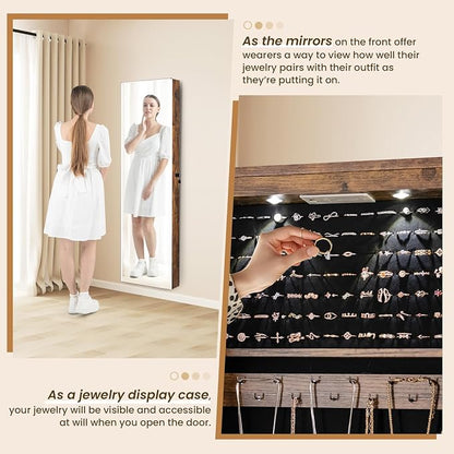 NAFORT 2 LEDs Full Length Mirror with Jewelry Armoire, Jewelry Organizers and Storage with 2 Mounting Options, 47.5”H Jewelry Cabinet with 2 Drawers, Make up & Lockable Jewelry Box, Rustic Brown