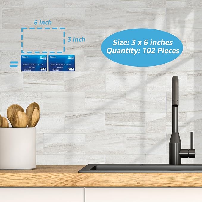 Art3d 102-Pack Peel and Stick Backsplash on Subway Tile, Biege Marble | 3 x 6 in, PVC, Self Adhesive, Waterproof, Traceless Peel, Modular Splicing, Ideal for Vanities, Bathrooms