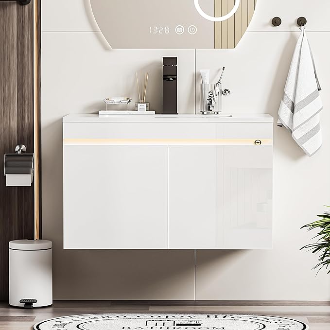Spurgehom 30 inch Bathroom Vanity with Sink and Faucet, Floating Vanity Bathroom Cabinet with Lights, Modern Wall Mounted Storage Cabinet with Soft-Close System, White