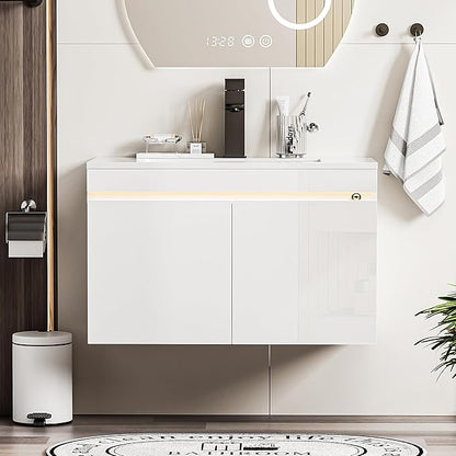 Spurgehom 30 inch Bathroom Vanity with Sink and Faucet, Floating Vanity Bathroom Cabinet with Lights, Modern Wall Mounted Storage Cabinet with Soft-Close System, White