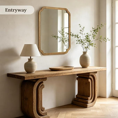 30" x 36" Wood Bathroom Mirror for Wall Mounted, Rustic Rounded Corner Wood Frame Wall Mirror for Entryway, Living Room or Bedroom Home Decorative, Natural