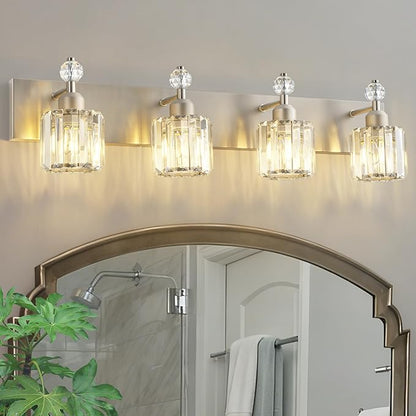 PRESDE 4-Light Brushed Nickel Vanity Light,Crystal Modern Bathroom Light Over Mirror,Wall Lighting Over Mirror Fixture