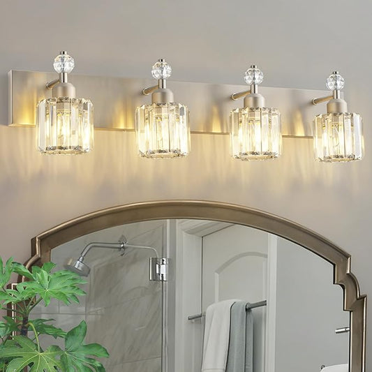 PRESDE 4-Light Brushed Nickel Vanity Light,Crystal Modern Bathroom Light Over Mirror,Wall Lighting Over Mirror Fixture