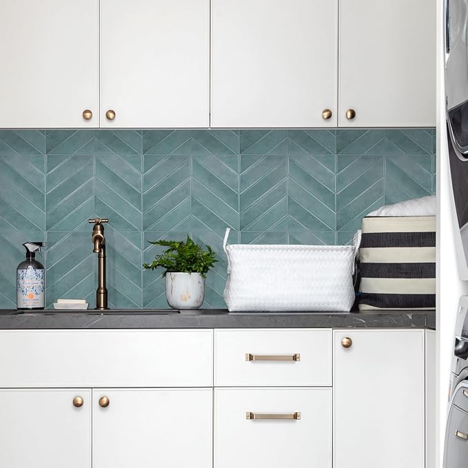 STICKGOO Herringbone Peel and Stick Backsplash, Blue Teal, 10 Sheets | 12.6 x 9.7 in, Thicker Rectangular Vinyl Stick-On Wall Tiles, Easy Alignment, Waterproof, Easy to Clean, Kitchen/Bathroom