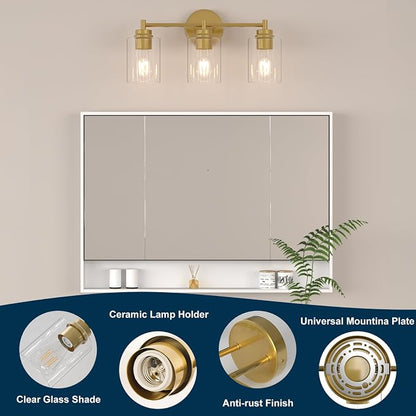 Bathroom Vanity Light Fixtures, 3-Light Brushed Gold Wall Sconce with Clear Glass, Modern Vanity Lights Over Mirror for Bathroom, Kitchen, Living Room, Mirror, E26 Base(Bulbs Not Included)