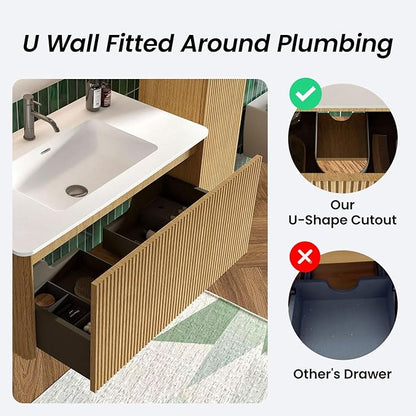 36" Bathroom Vanity with Sink, Modern Floating Vanity with Push Open Soft Close Drawer, Large Storage for Bathroom, Apartment, Hotel, Natural Oak, Fully Assembled - Camellia Collection