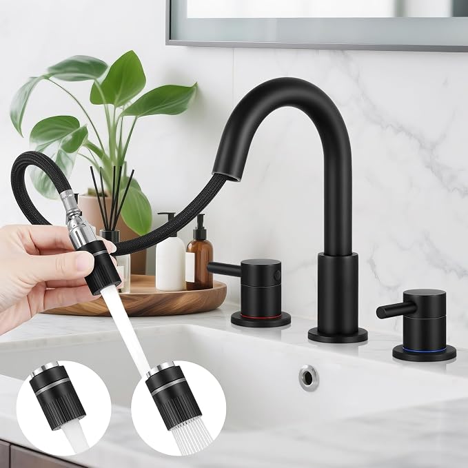 8 Inch Pull Down Bathroom Faucet 3 Hole,Black Bathroom Sink Faucet | Stainless Steel,Pull Down Sprayer,3 hole Widespread,with Pop-up Drain,Water Supply Hoses,Two Water Flow Modes, Black