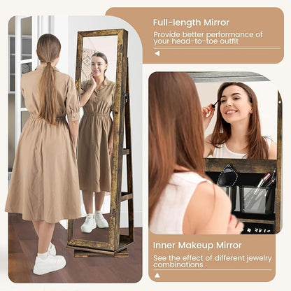 GOFLAME 360° Rotating Jewelry Armoire, Lockable Jewelry Cabinet with Full-Length Mirror & Inner Makeup Mirror, Standing Jewelry Storage Organizer with Rear Storage Shelves, Rustic Brown