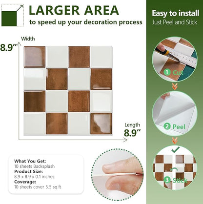 STICKGOO 10 Sheets Peel and Stick Backsplash - 9" x 9" 4D Adhesive Peel and Stick Tile Backsplash for Kitchen&Bathroom