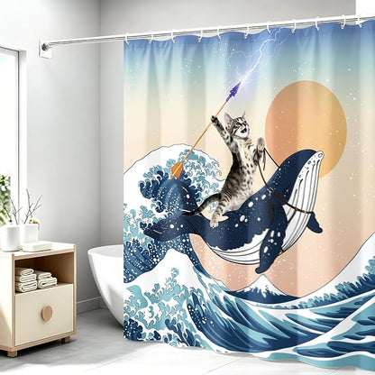 Aimego Long Funny Shower Curtain - Cute Cat Riding Whale Holding Trident in Ocean Wave, Shark Cat Fabric Cloth Fun Bath Shower Curtain Set with 12 Hooks for Bathroom Decor Bathtub Curtain, 72"x78"