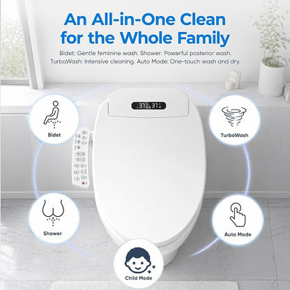 Electric Bidet Toilet Seat with Heated Seat, Warm Air Dryer, Endless Warm Water, Oscillating and Pulsating Spray Wash, Stainless Steel Self-Clean Nozzle, Sense Seat