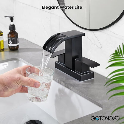 gotonovo Waterfall 4 Inch Centerset Bathroom Sink Faucet 2 Handle Basin Faucets 2 or 3 Hole Deck Mount with Pop Up Drain Included Lavatory Modern Mixer Tap Vanity Faucet Matte Black