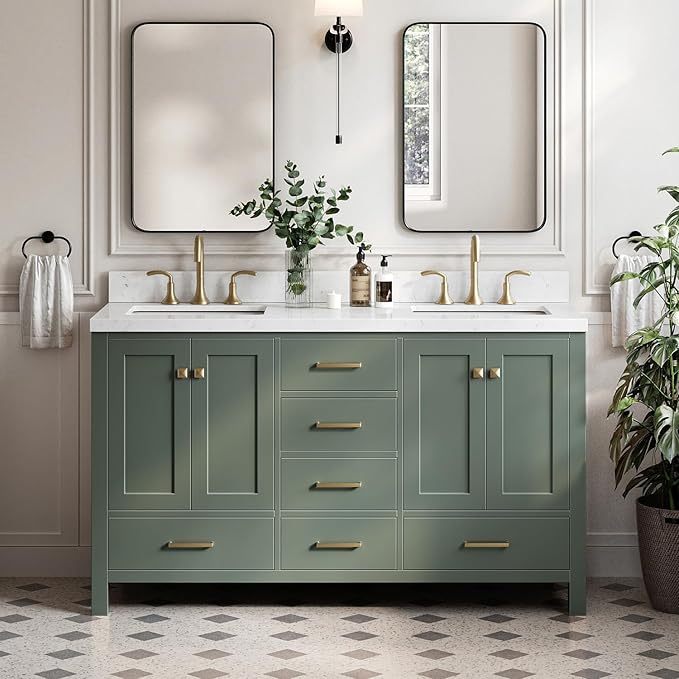 ARIEL Cambridge 60 Inch Double Rectangle Sink Bathroom Vanity with Carrara White Quartz Countertop 1.5 Inch in Vintage Green