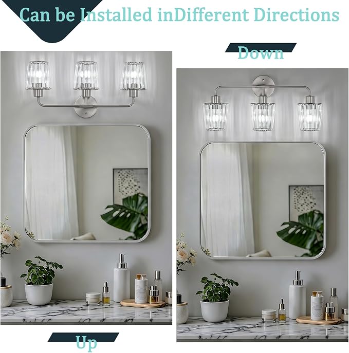 Brushed Nickel Vanity Lights 3-Light Crystal Bathroom Light Fixtures | Modern Bathroom Vanity Light E26 Wall Light over Mirror (Exclude Bulb)