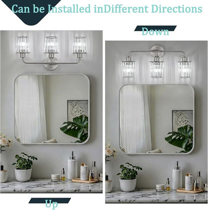 Brushed Nickel Vanity Lights 3-Light Crystal Bathroom Light Fixtures | Modern Bathroom Vanity Light E26 Wall Light over Mirror (Exclude Bulb)