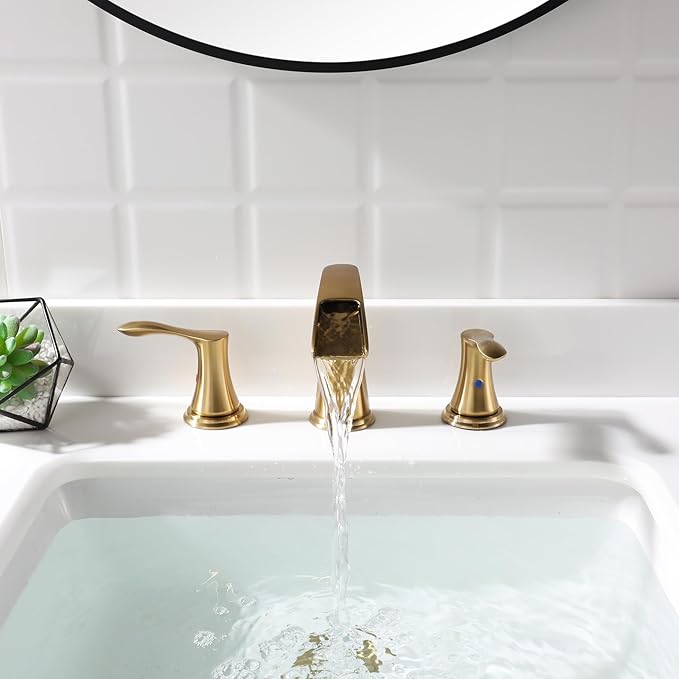 PARLOS Waterfall Widespread Bathroom Faucet Double Handles with Metal Pop Up Drain & cUPC Faucet Supply Lines, Brushed Gold, Demeter 1431808