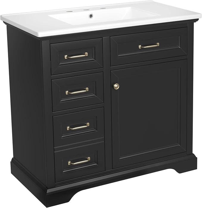 36" Bathroom Vanity with Ceramic Sink,Freestanding Storage Cabinet w/Soft-Close Door and 2 Tip-Out & 2 Drawers,Undermount Single Basin Bath Vanity Set w/Adjustable Shelf,Black