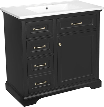 36" Bathroom Vanity with Ceramic Sink,Freestanding Storage Cabinet w/Soft-Close Door and 2 Tip-Out & 2 Drawers,Undermount Single Basin Bath Vanity Set w/Adjustable Shelf,Black