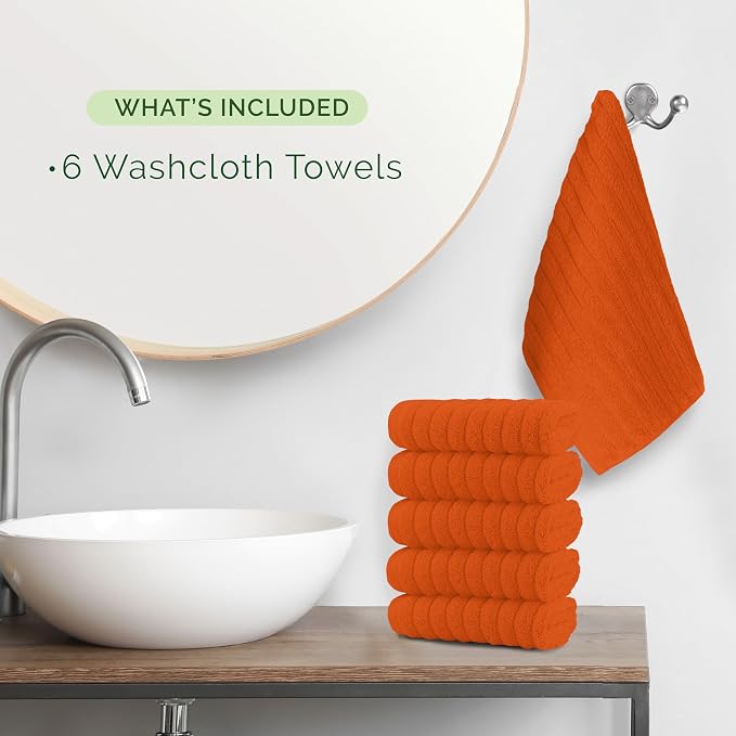 Elegant Comfort 100% Turkish Cotton Corduroy Ribbed Luxury Washcloths 6 Pack Soft 13 x 13 Inch - Higly Absorbent, Durable, Quick Dry, Spa Premium Hotel Quality for Bathroom or Travel, Orange