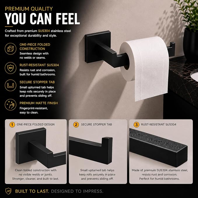 5-Piece Bathroom Hardware Set, 23.6" Double Towel Bar & Wall Mounted Bathroom Accessories, SUS304 Stainless Steel Solid Metal Construction, Modern Square Design for Contemporary Bathrooms, Matte Black