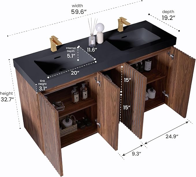 60" Double Bathroom Vanity with Sink Combo, Mid Century Modern Bathroom Cabinet with Doors & Shelves, Matte Black Integrated Sink with Overflow, Walnut