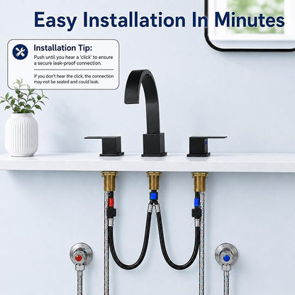 Widespread 8 Inch Matte Black Bathroom Sink Faucet, Waterfall Black Stainless Steel Bathroom Faucet for Sink 3 Hole, Vanity Lavatory Sink Faucets with Drain & Water Hoses