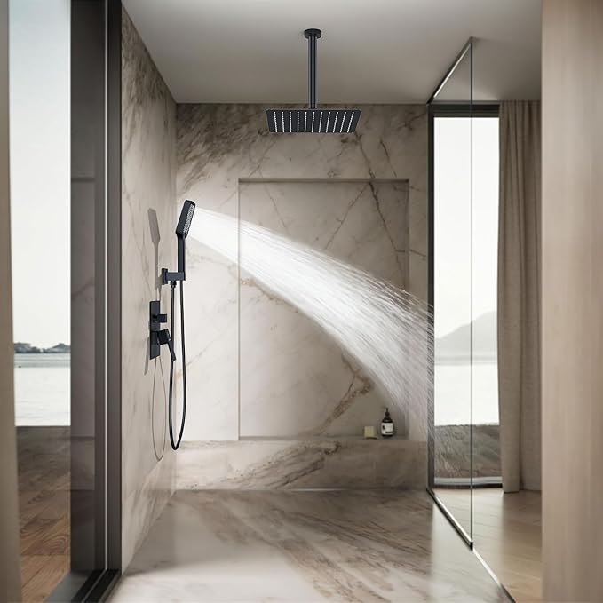 Rain Shower System 12IN Modern Brass Faucet Set With Valve and Diverter Shower Mixer With Handheld High Pressure Square Rainfall Shower Valve (12'' Ceiling Mount, Matte Black)