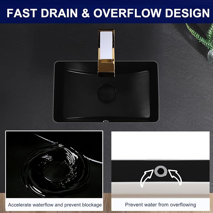 Black Undermount Bathroom Sink 16.7x10.7 Inch Small Bathroom Sink Matte Black Bathroom Under Counter Lavatory Vanity Sink Basin Rectangular Porcelain Ceramic Undermount Sinks with Overflow