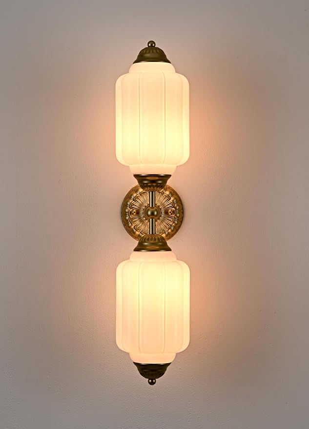 Vintage 2-Light Milk Glass Gold Wall Sconce with Brass Finish | Art Deco Vanity Light, Wall Lighting Dimmable for Bathroom Living Room Hallway Bedroom
