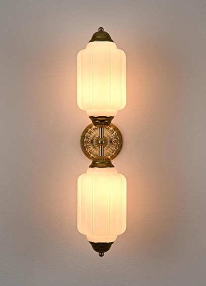 Vintage 2-Light Milk Glass Gold Wall Sconce with Brass Finish | Art Deco Vanity Light, Wall Lighting Dimmable for Bathroom Living Room Hallway Bedroom