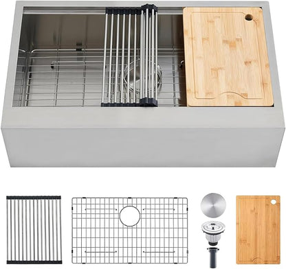 33 Inch Stainless Steel Farmhouse Sink, 33x20 Single Bowl Ledge Workstation Flat Apron Front Farm Kitchen Sink with Cutting Board, Brushed Nickel