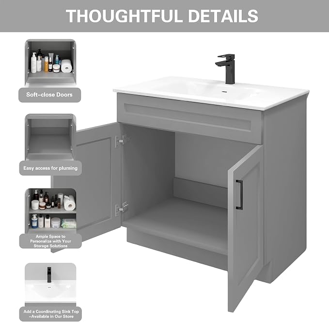 36" Light Grey Shaker Bathroom Vanity Base – Ready-to-Assemble Sink Cabinet, Freestanding Bathroom Vanity Base Only, No Top or Sink
