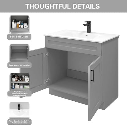 36" Light Grey Shaker Bathroom Vanity Base, Soft-Close Double-Door Ready-to-Assemble Sink Cabinet, 36" W x 21" D x 34.5" H, Base Only