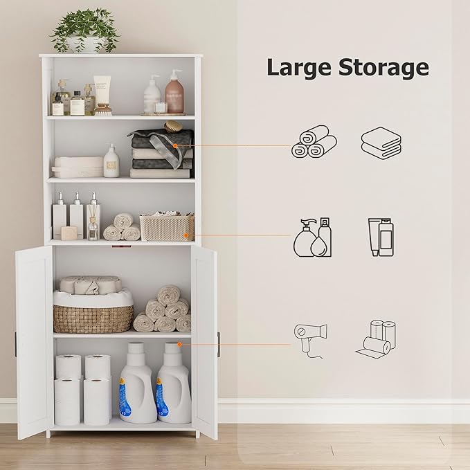 Homhedy 67" Tall Bathroom Storage Cabinet, Freestanding Farmhouse Cabinet with 2 Doors and Shelves, Bathroom Organizers and Storage for Kitchen, Living Room, Laundry Room, White