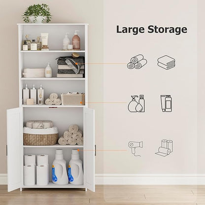 Homhedy 67" Tall Bathroom Storage Cabinet, Freestanding Farmhouse Cabinet with 2 Doors and Shelves, Bathroom Organizers and Storage for Kitchen, Living Room, Laundry Room, White