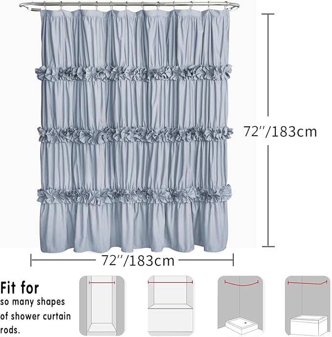 Homechoice Decor Fog Blue Ruffle Shower Curtain, Vintage Handcrafted Bow Tie Bath Curtain for Master Bathroom, Ruched Microfiber Bathroom Curtain with 12 Buttonholes, 72" W x 72" H (LQ-10)