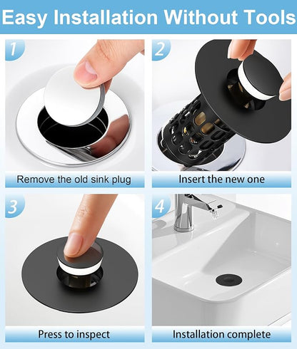 QYHNYJF Upgraded Bathroom Sink Stopper with Hair Catcher - Universal Pop-Up Drain Plug, Stainless Steel & Silicone Seal for 1.1-1.5 Inch Drains, Matte Black Finish (Matte Black)