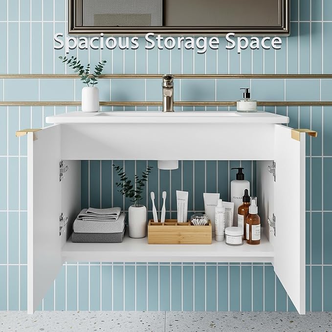 Bathroom Vanity with Sink, 30" Wall Mounted Floating Vanity Cabinet, Modern Bathroom Sinks with LED Light, Metal Handle & Double Soft-Close Doors, White