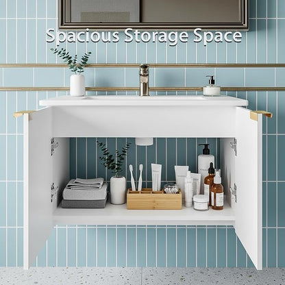 Bathroom Vanity with Sink, 30" Wall Mounted Floating Vanity Cabinet, Modern Bathroom Sinks with LED Light, Metal Handle & Double Soft-Close Doors, White