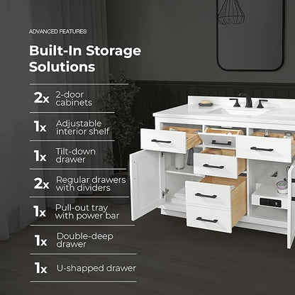 OVE Decors Bailey 48 in. Single Sink Freestanding White Bathroom Vanity with White Quartz Top, Matching Backsplash, Power Bar and Matte Black Hardware