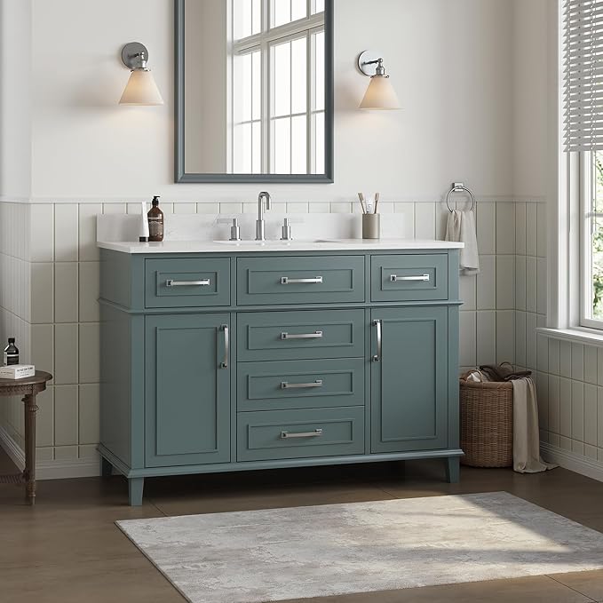 48 Inch Bathroom Vanity with Sink, Modern Bathroom Vanity with Engineered Stone Countertop, Solid Wood Frame Bathroom Storage Cabinet with Soft Closing Door & Dovetail Drawer, Green