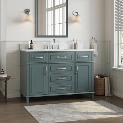 48 Inch Bathroom Vanity with Sink, Modern Bathroom Vanity with Engineered Stone Countertop, Solid Wood Frame Bathroom Storage Cabinet with Soft Closing Door & Dovetail Drawer, Green